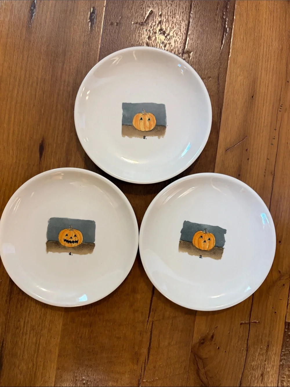 Rae Dunn White Ceramic Plates with Orange Pumpkin Motifs (Set of 3) 6 Inches EUC
